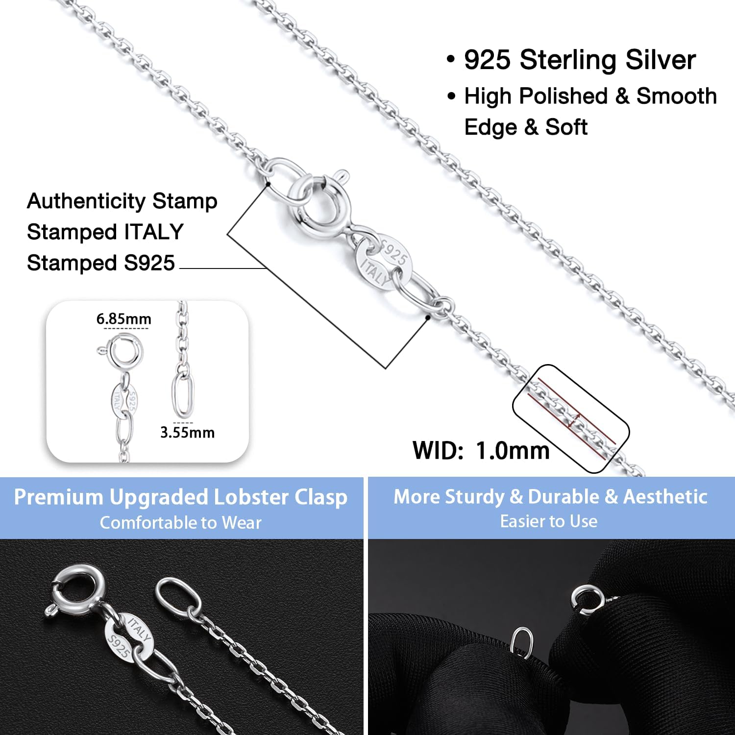 #30 Sterling Silver Chain Necklace for Women, 1mm Cable Chain Necklace Sturdy & Shiny Women's Chain Necklaces 14 16 17 18 20 22 24 Inch