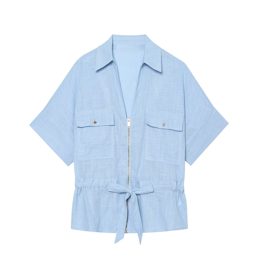 suit Women's 2 pieces linen blend zipper shirt+Pants