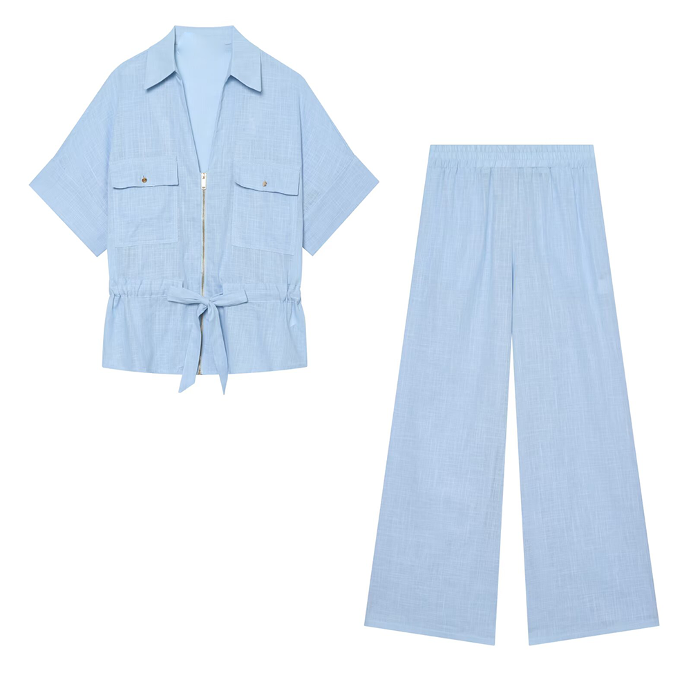 suit Women's 2 pieces linen blend zipper shirt+Pants