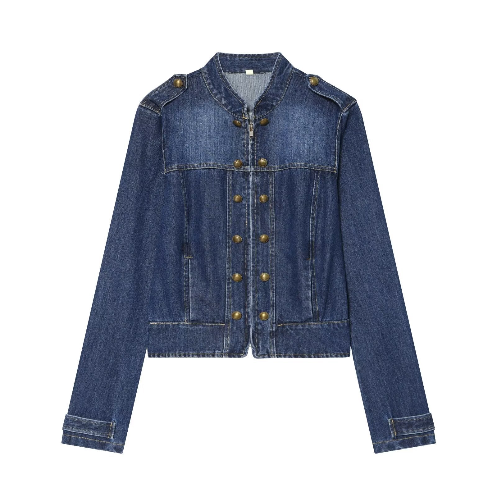 Women's long sleeved O Neck denim jacket